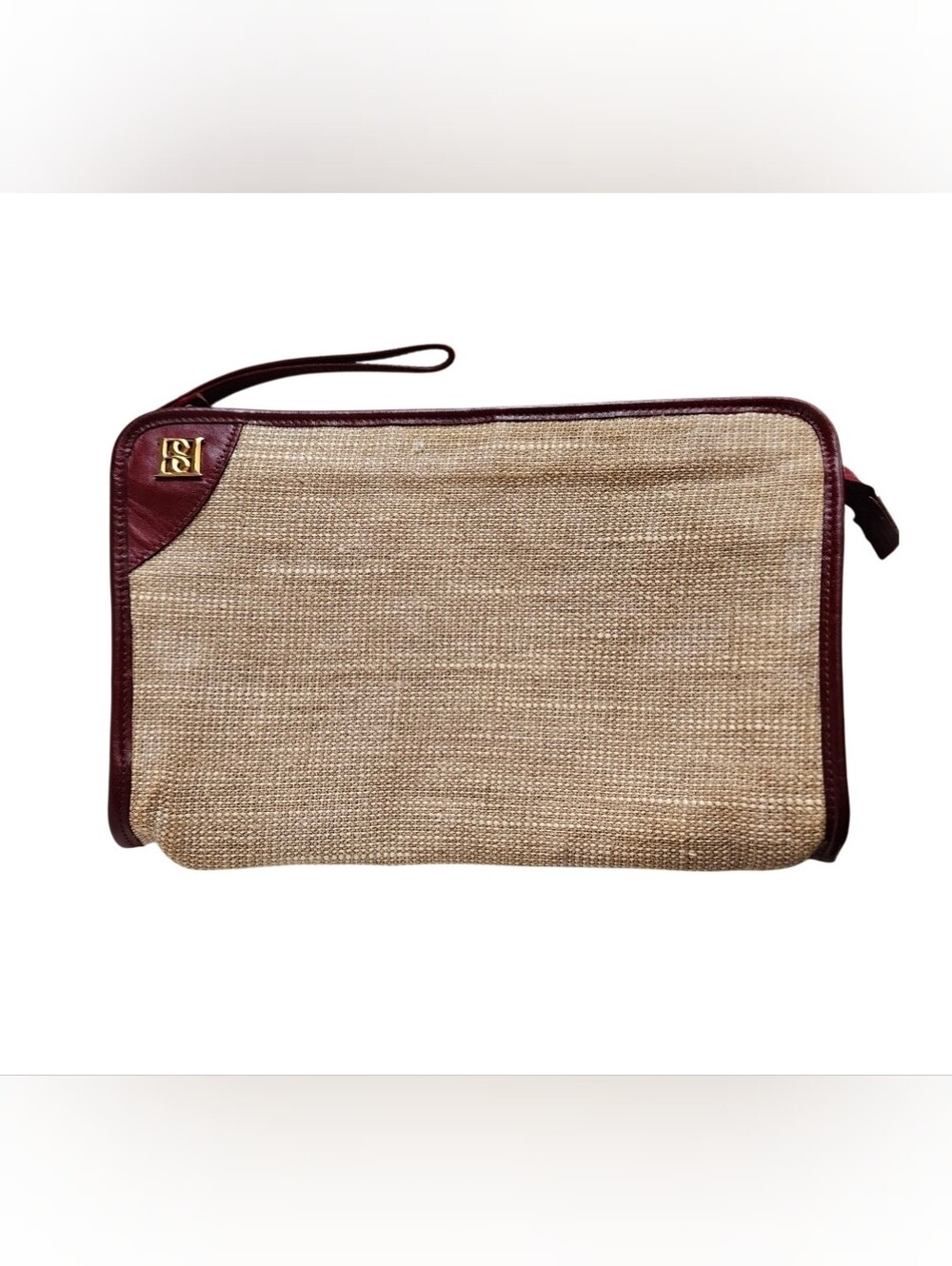 Woven Straw Wristlet Clutch with Burgundy Trim